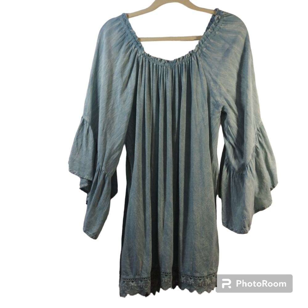 Altar’d State Blue Sun Bleached Boho Bell Sleeve Off Shoulder Stretchy Dress